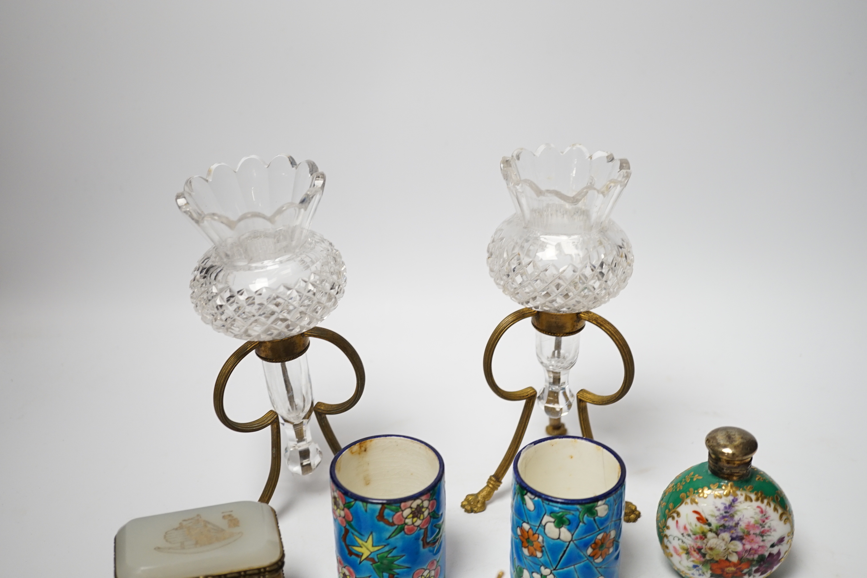 Mixed collectables: a pair of glass candle holders on gilt stands, an enamelled scent bottle, a compact a gilt pencil, etc. (12)